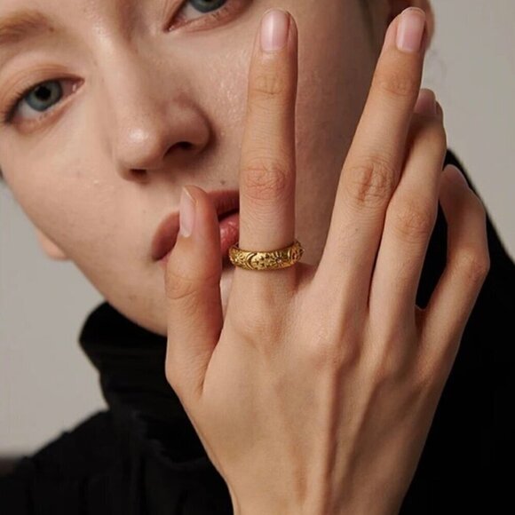 NWT Band Ring 18K Gold Plated Star Moon Sun Raised Design Thick Band Ring Women’ - Picture 2 of 11